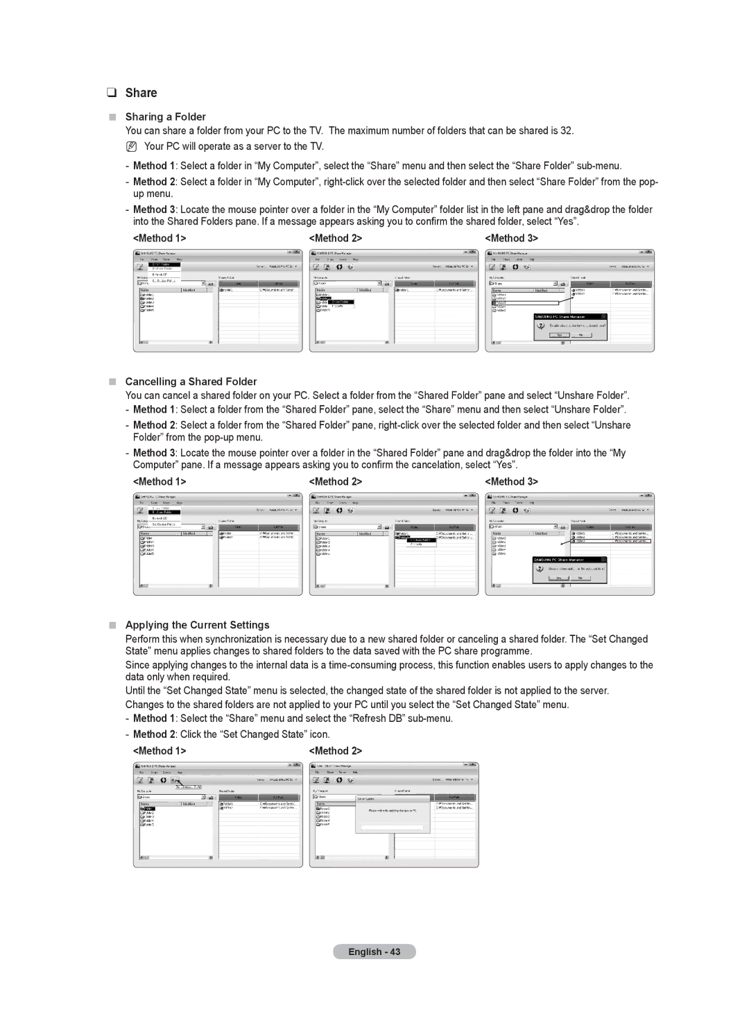 Samsung BN68-01700A-00 user manual  Sharing a Folder,  Cancelling a Shared Folder,  Applying the Current Settings 