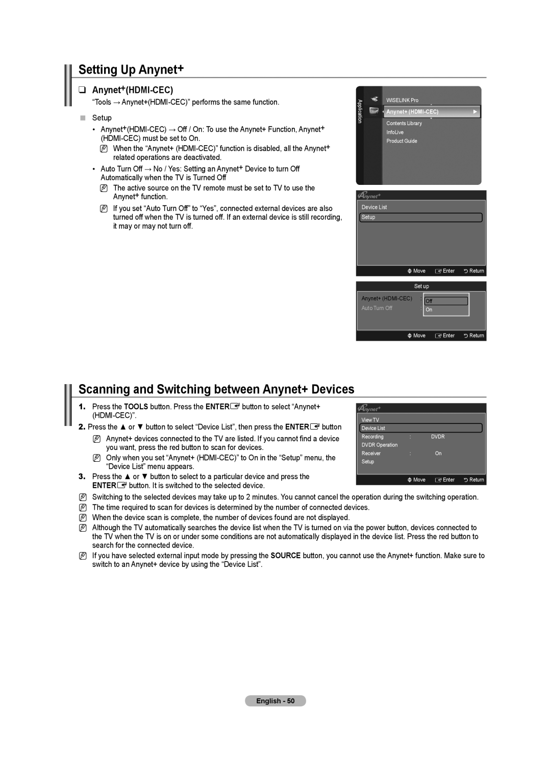 Samsung BN68-01700A-00 user manual Setting Up Anynet+, Scanning and Switching between Anynet+ Devices, Anynet+HDMI-CEC 