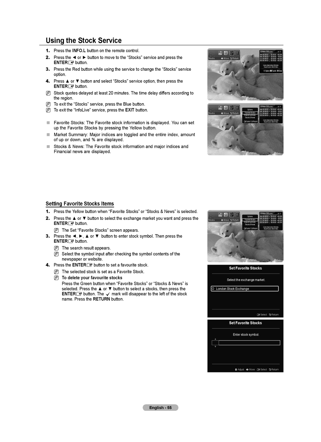 Samsung BN68-01700A-00 user manual Using the Stock Service, Setting Favorite Stocks Items, To delete your favourite stocks 