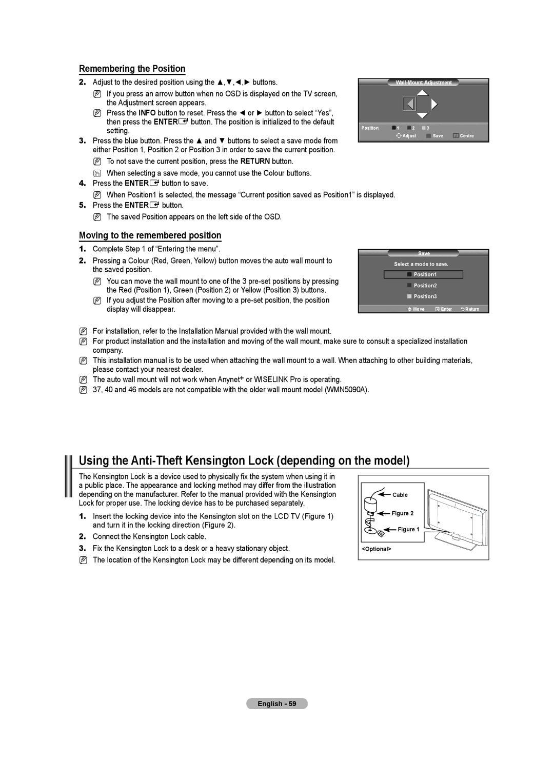 Samsung BN68-01700A-00 user manual Using the Anti-Theft Kensington Lock depending on the model, Remembering the Position 