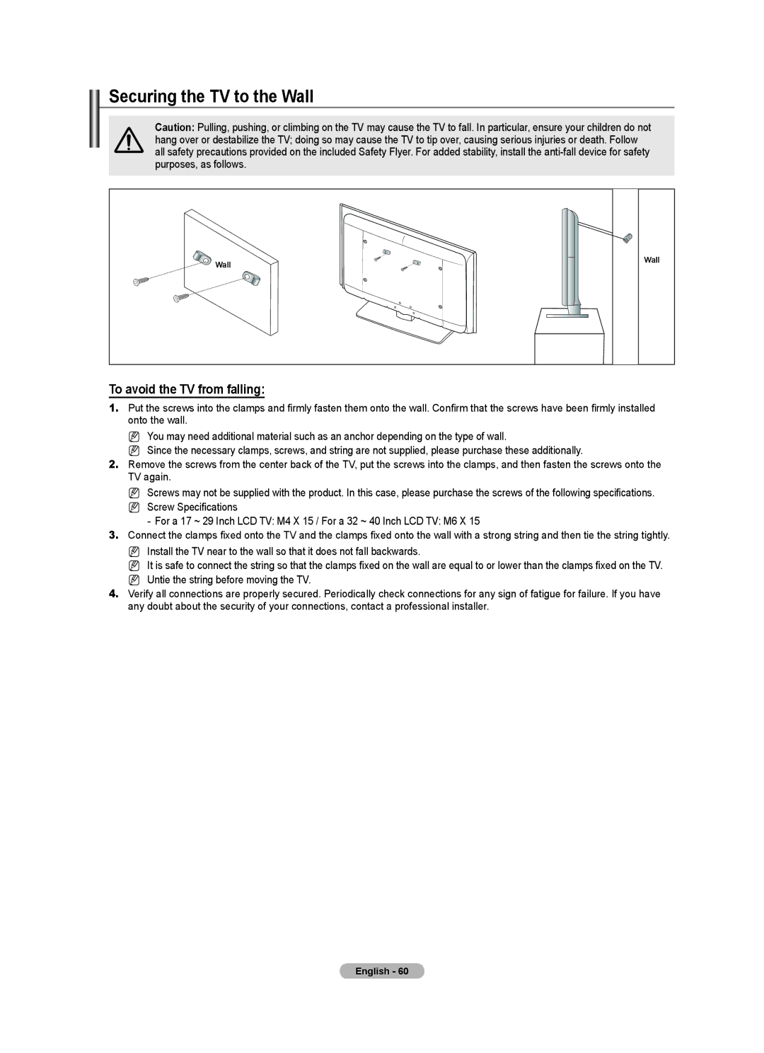 Samsung BN68-01700A-00 user manual Securing the TV to the Wall, To avoid the TV from falling 