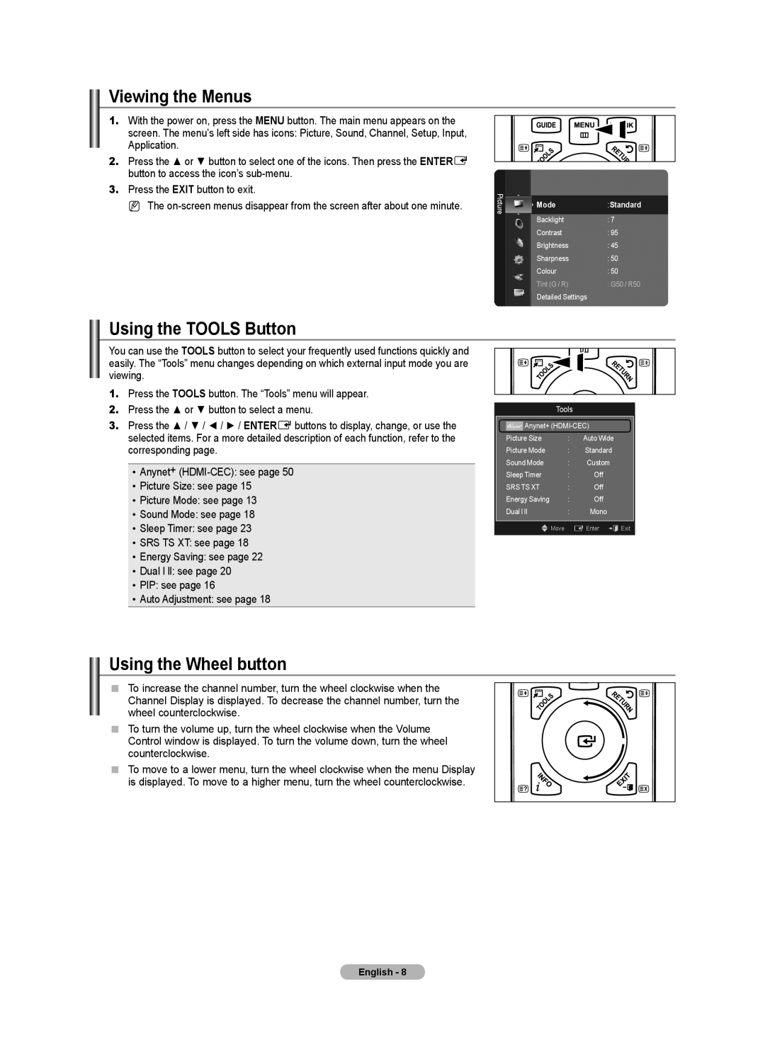 Samsung BN68-01700M-00 user manual Viewing the Menus, Using the Tools Button, Using the Wheel button, Mode 