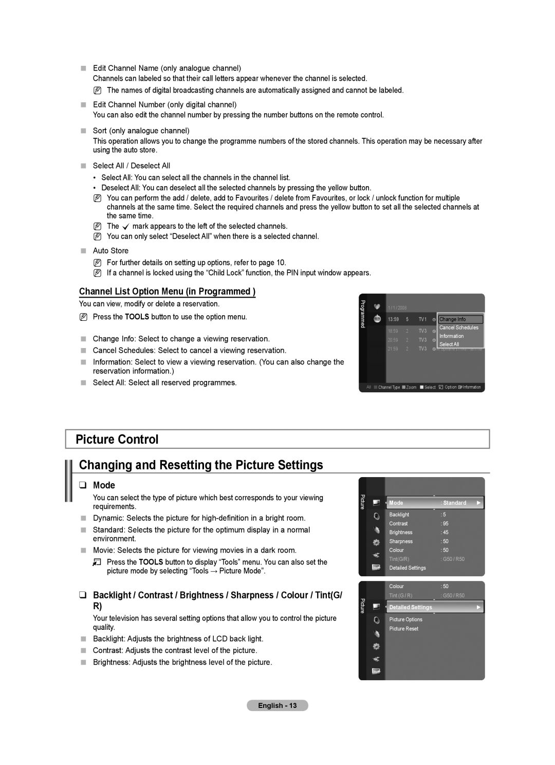 Samsung BN68-01700M-00 Picture Control Changing and Resetting the Picture Settings, Channel List Option Menu in Programmed 