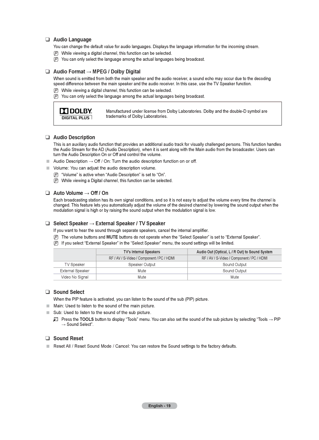 Samsung BN68-01700M-00 Audio Language, Audio Format → Mpeg / Dolby Digital, Audio Description, Auto Volume → Off / On 