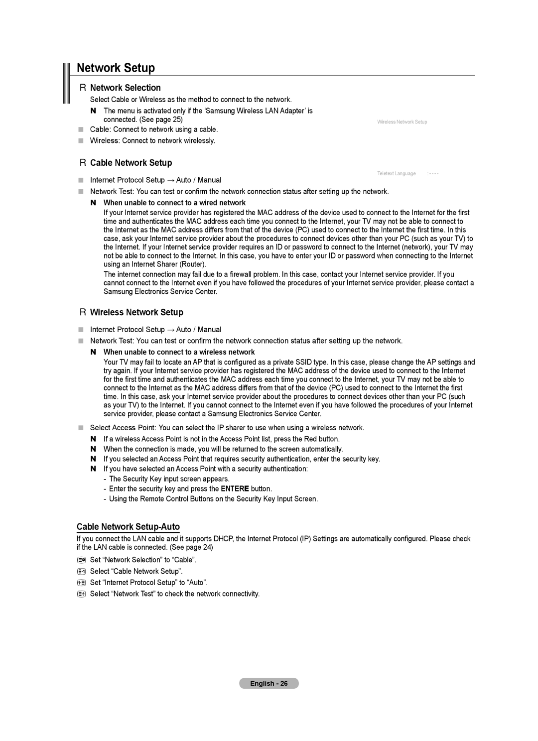 Samsung BN68-01700M-00 Wireless Network Setup, Cable Network Setup-Auto, When unable to connect to a wired network 