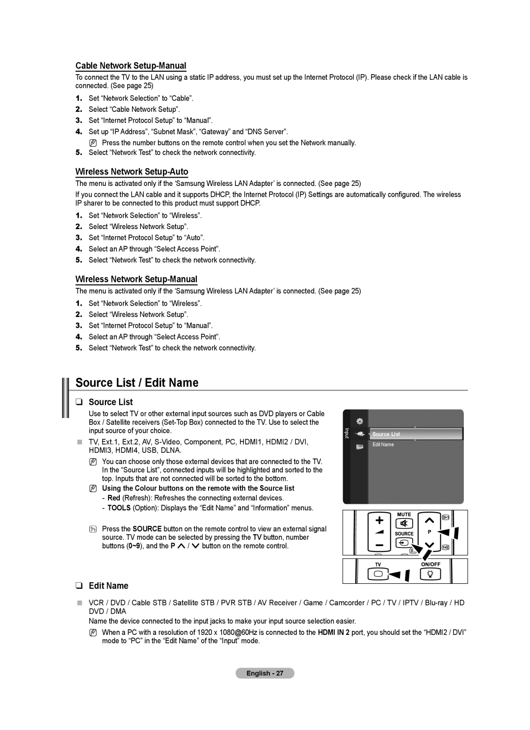 Samsung BN68-01700M-00 user manual Source List / Edit Name 