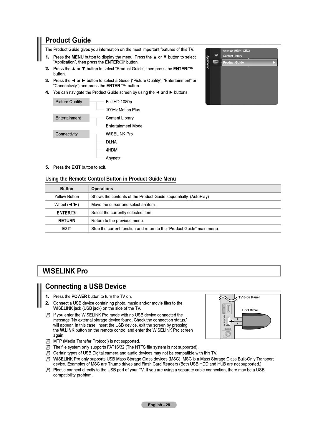 Samsung BN68-01700M-00 user manual Product Guide, Wiselink Pro Connecting a USB Device, Button Operations 