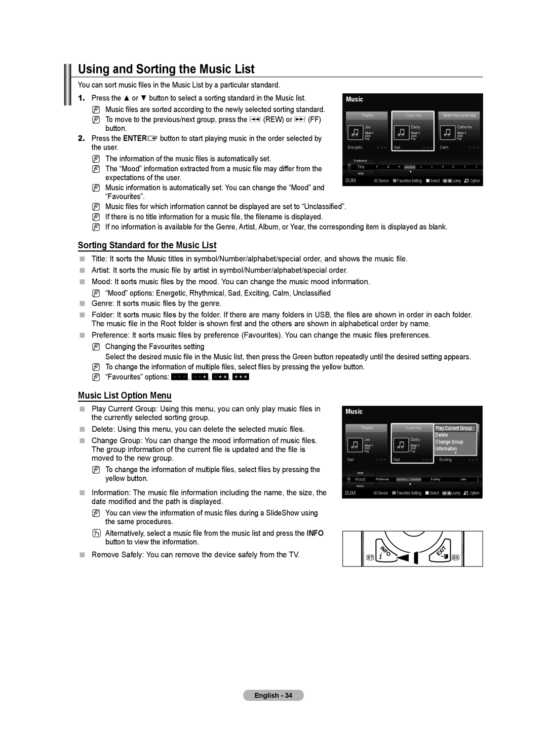 Samsung BN68-01700M-00 Using and Sorting the Music List, Sorting Standard for the Music List, Music List Option Menu 