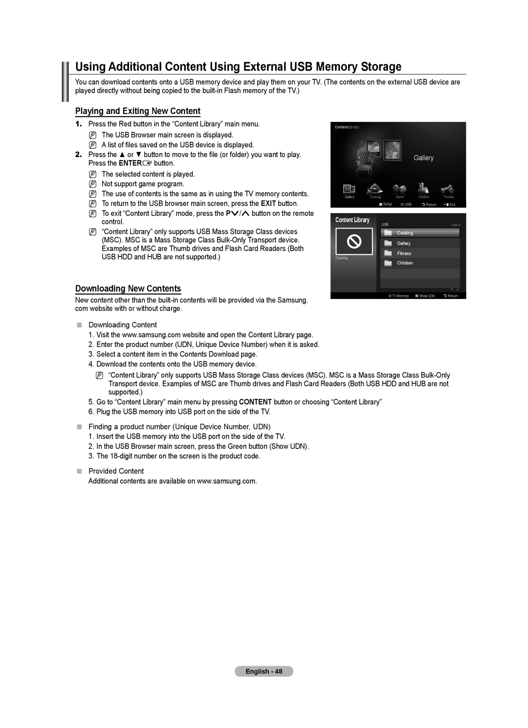 Samsung BN68-01700M-00 user manual Using Additional Content Using External USB Memory Storage, Downloading New Contents 