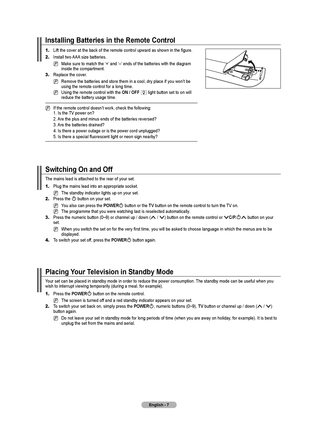 Samsung BN68-01700M-00 user manual Installing Batteries in the Remote Control, Switching On and Off 