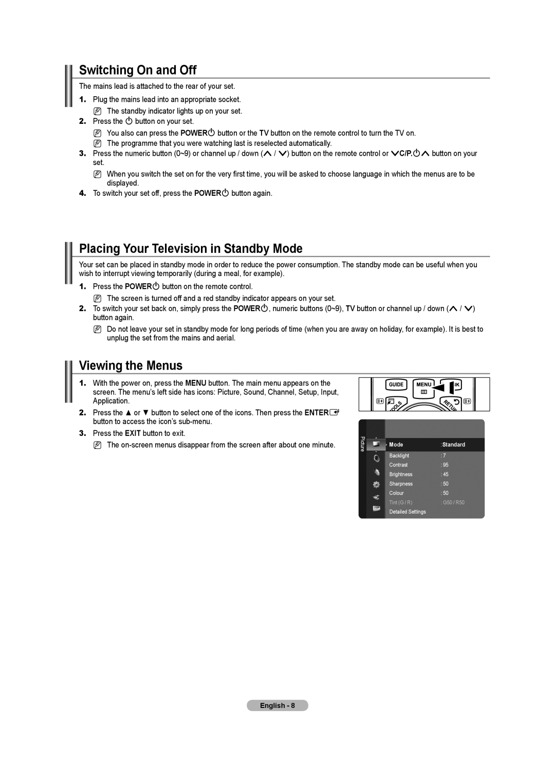 Samsung BN68-01701M-00 user manual Switching On and Off, Placing Your Television in Standby Mode, Viewing the Menus 