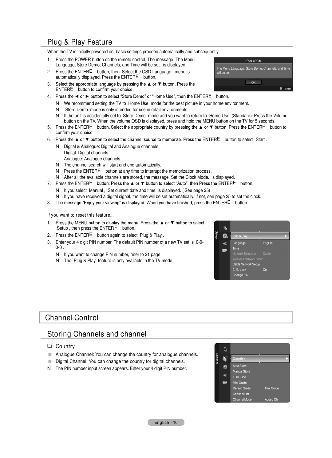 Samsung BN68-01701M-00 user manual Plug & Play Feature, Channel Control Storing Channels and channel, Country 