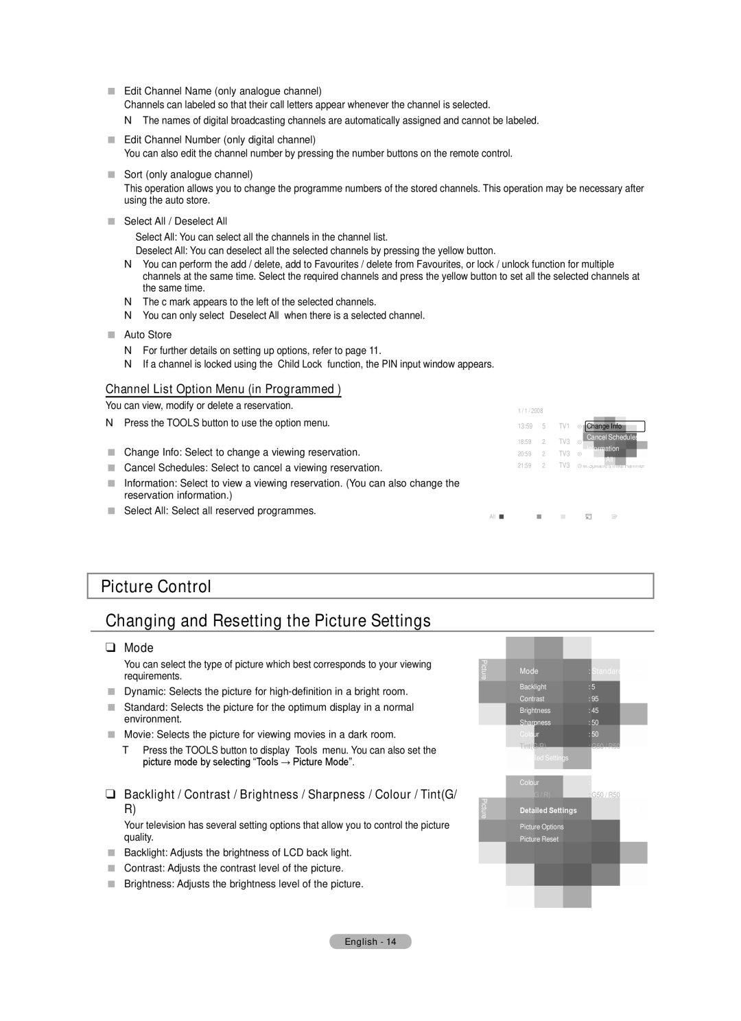 Samsung BN68-01701M-00 Picture Control Changing and Resetting the Picture Settings, Channel List Option Menu in Programmed 