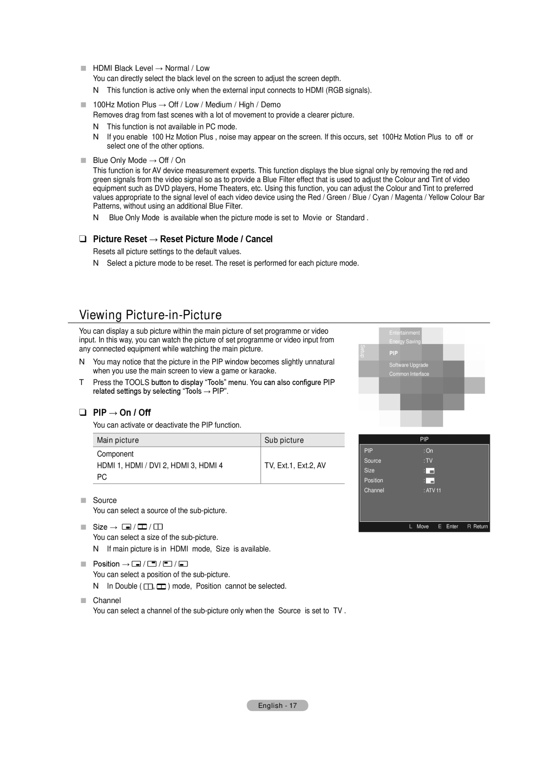 Samsung BN68-01701M-00 user manual Viewing Picture-in-Picture, Picture Reset → Reset Picture Mode / Cancel, PIP → On / Off 