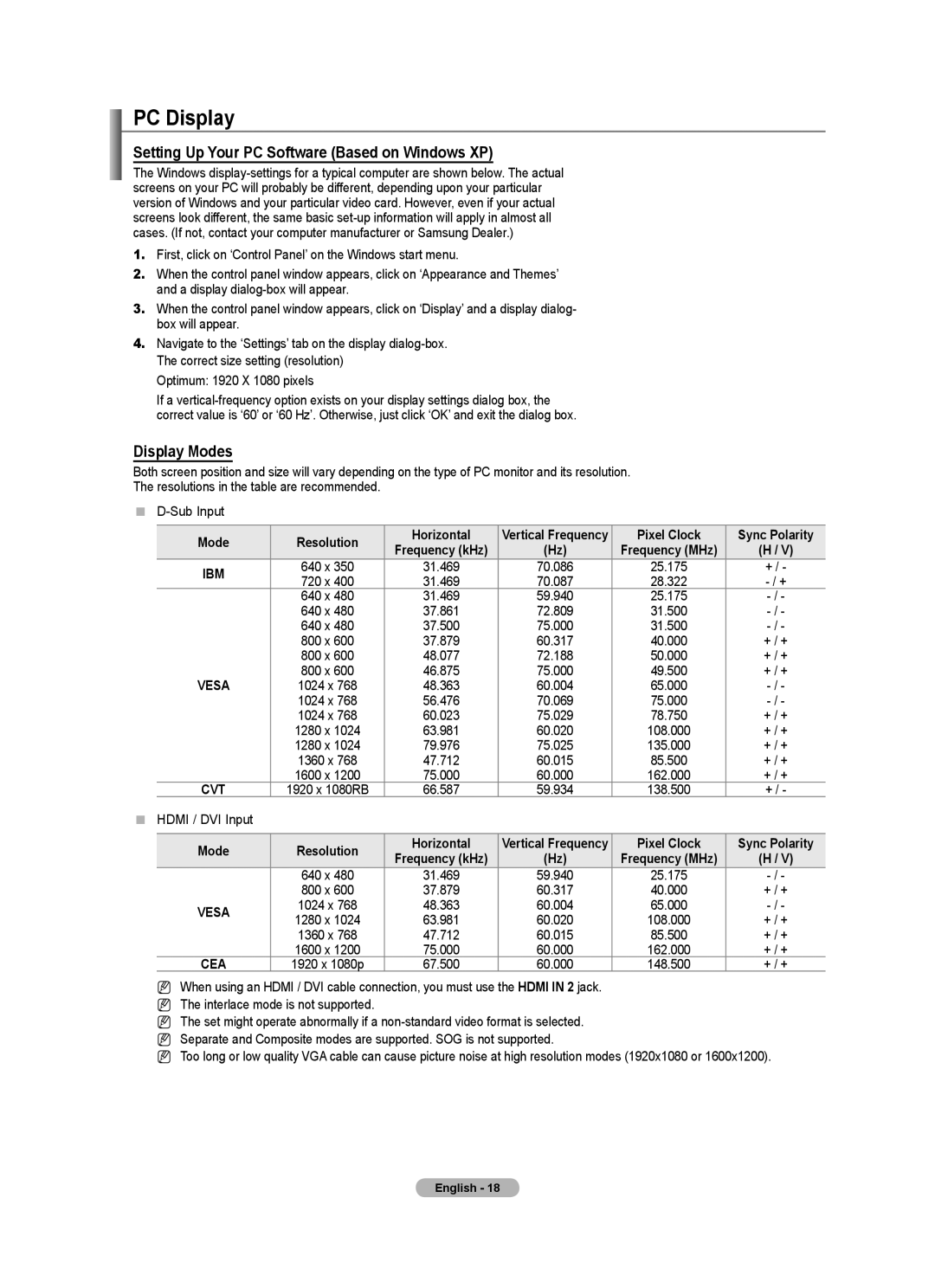 Samsung BN68-01701M-00 user manual PC Display, Setting Up Your PC Software Based on Windows XP, Display Modes 