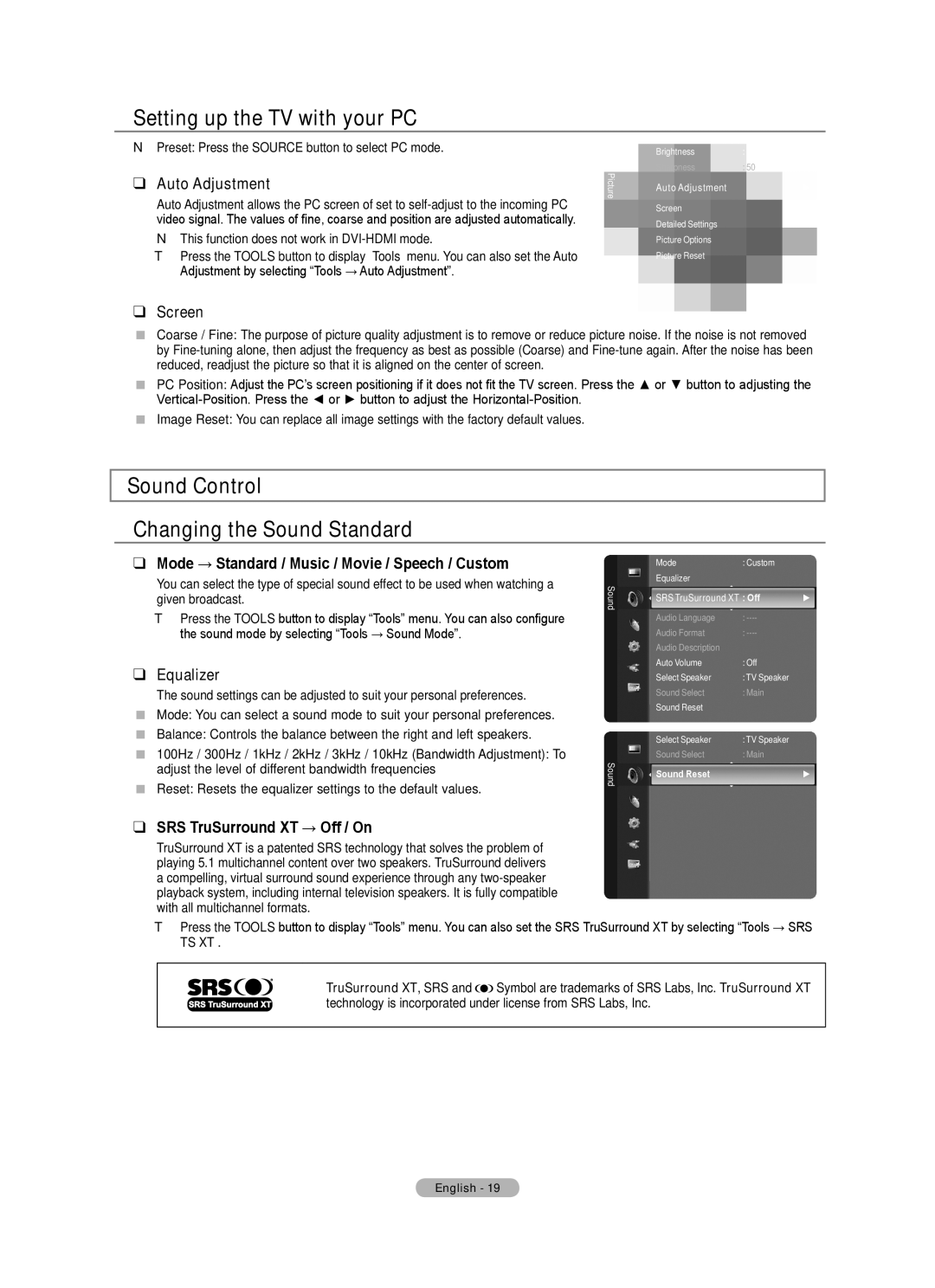 Samsung BN68-01701M-00 user manual Setting up the TV with your PC, Sound Control Changing the Sound Standard 