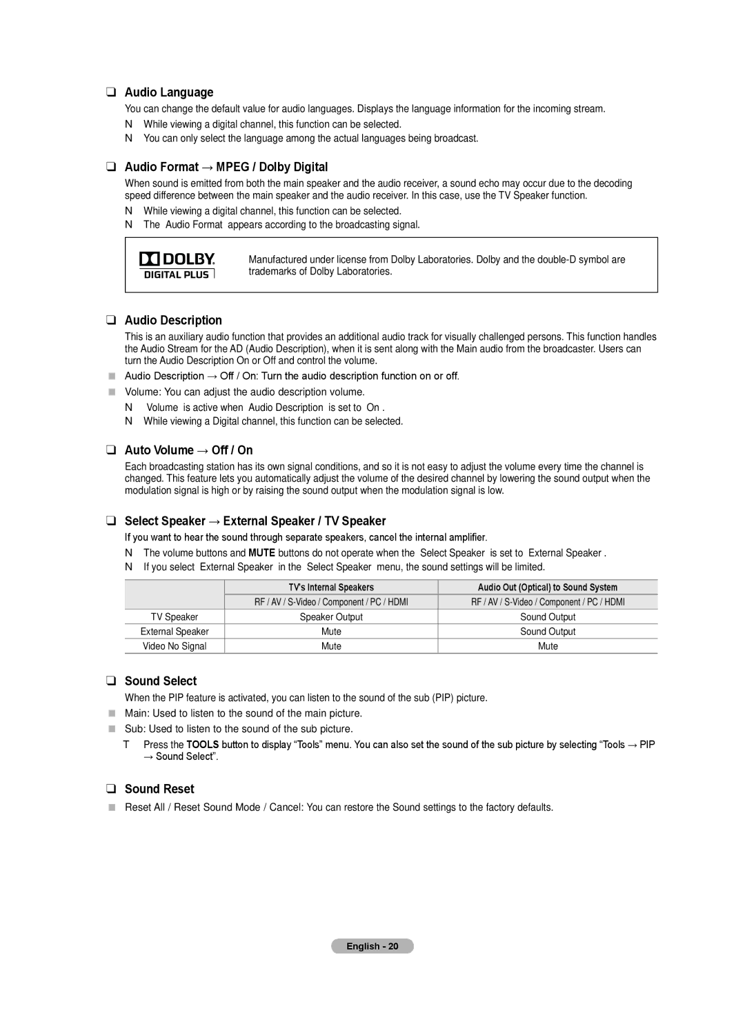 Samsung BN68-01701M-00 Audio Language, Audio Format → Mpeg / Dolby Digital, Audio Description, Auto Volume → Off / On 