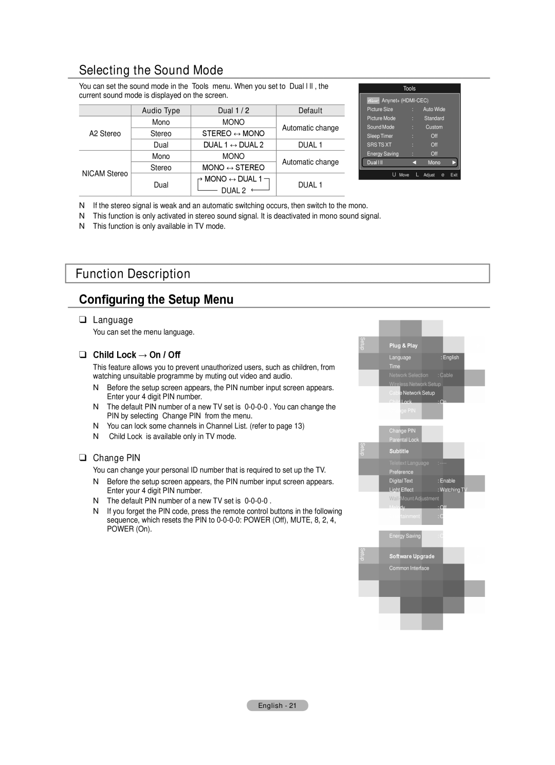 Samsung BN68-01701M-00 Selecting the Sound Mode, Function Description Configuring the Setup Menu, Language, Change PIN 