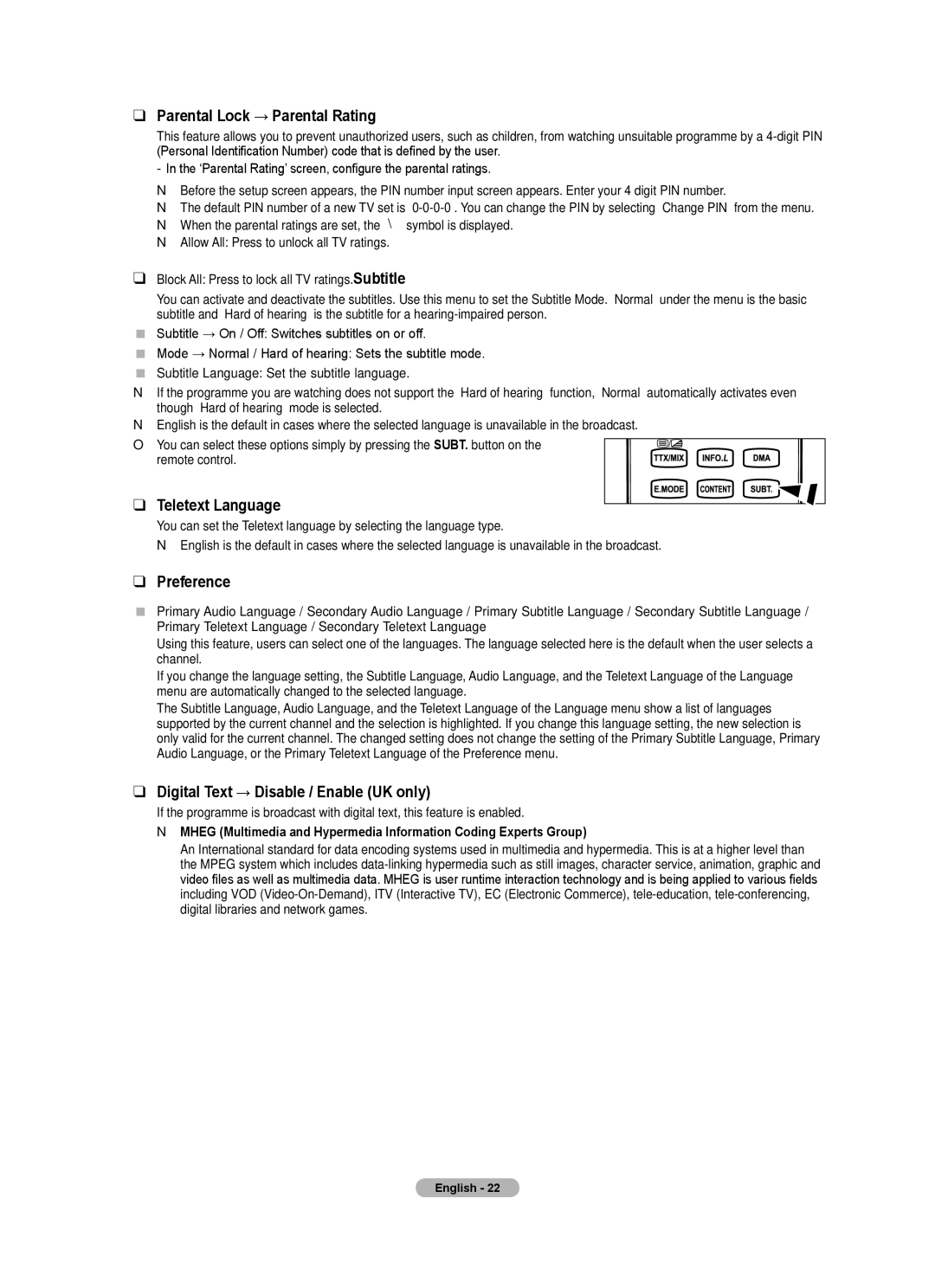 Samsung BN68-01701M-00 user manual Parental Lock → Parental Rating, Teletext Language, Preference 