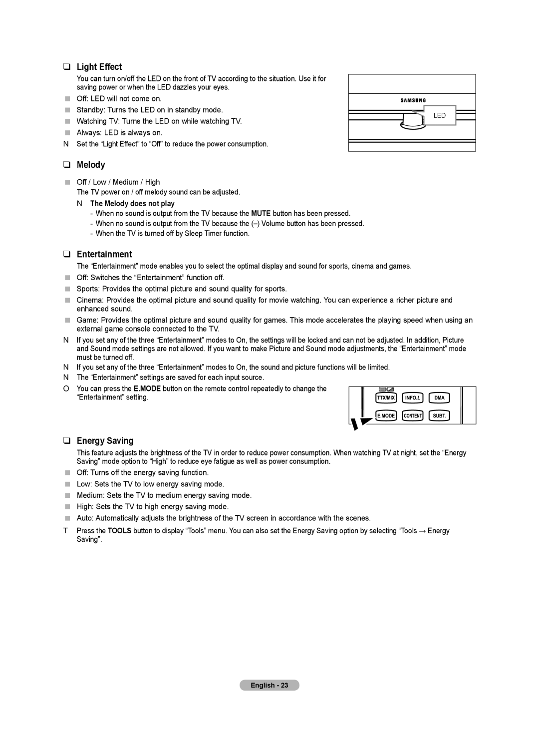 Samsung BN68-01701M-00 user manual Light Effect, Entertainment, Energy Saving, Melody does not play 