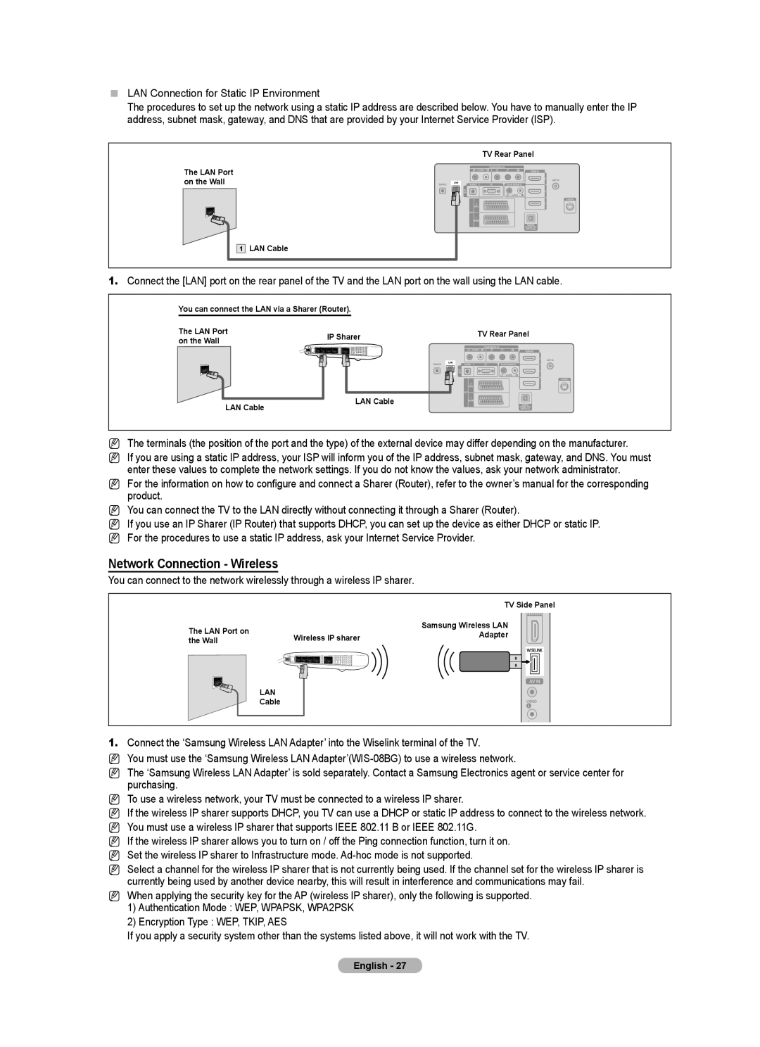 Samsung BN68-01701M-00 user manual Network Connection Wireless,  LAN Connection for Static IP Environment 