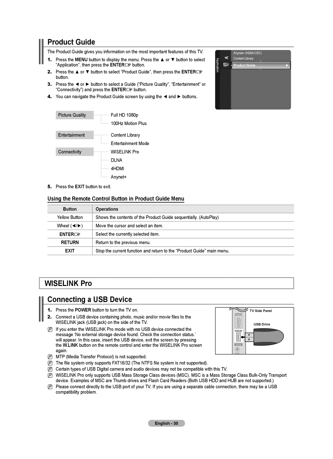 Samsung BN68-01701M-00 user manual Product Guide, Wiselink Pro Connecting a USB Device, Button Operations 