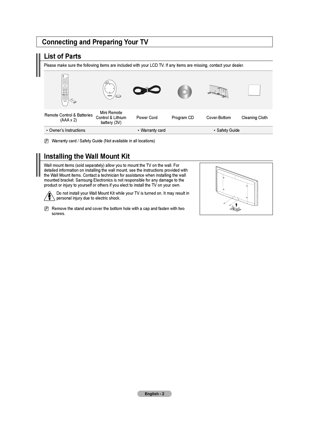 Samsung BN68-01701M-00 user manual Connecting and Preparing Your TV List of Parts, Installing the Wall Mount Kit 