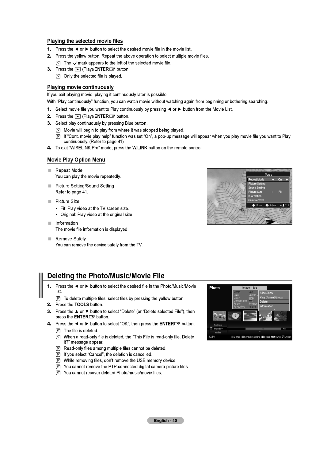 Samsung BN68-01701M-00 user manual Deleting the Photo/Music/Movie File,  Repeat Mode You can play the movie repeatedly 