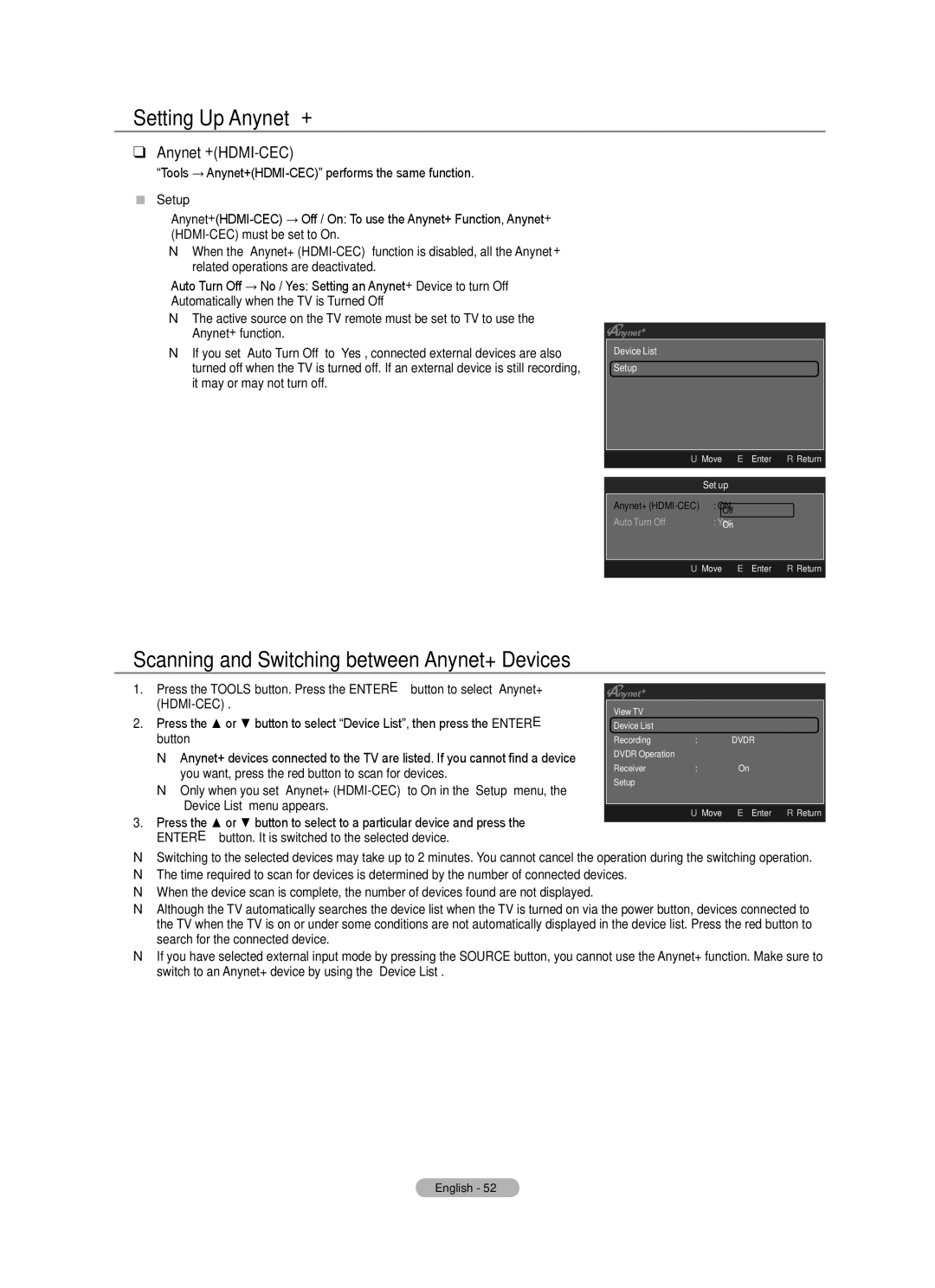 Samsung BN68-01701M-00 user manual Setting Up Anynet+, Scanning and Switching between Anynet+ Devices, Anynet+HDMI-CEC 