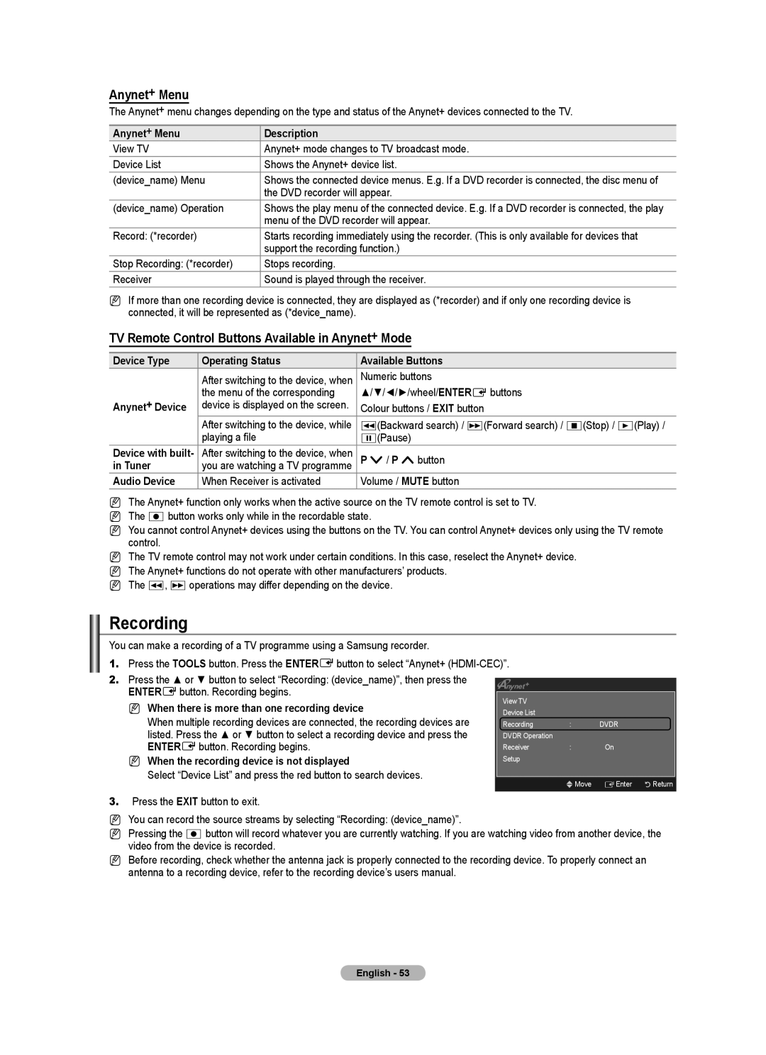 Samsung BN68-01701M-00 user manual Recording, Anynet+ Menu, TV Remote Control Buttons Available in Anynet+ Mode 