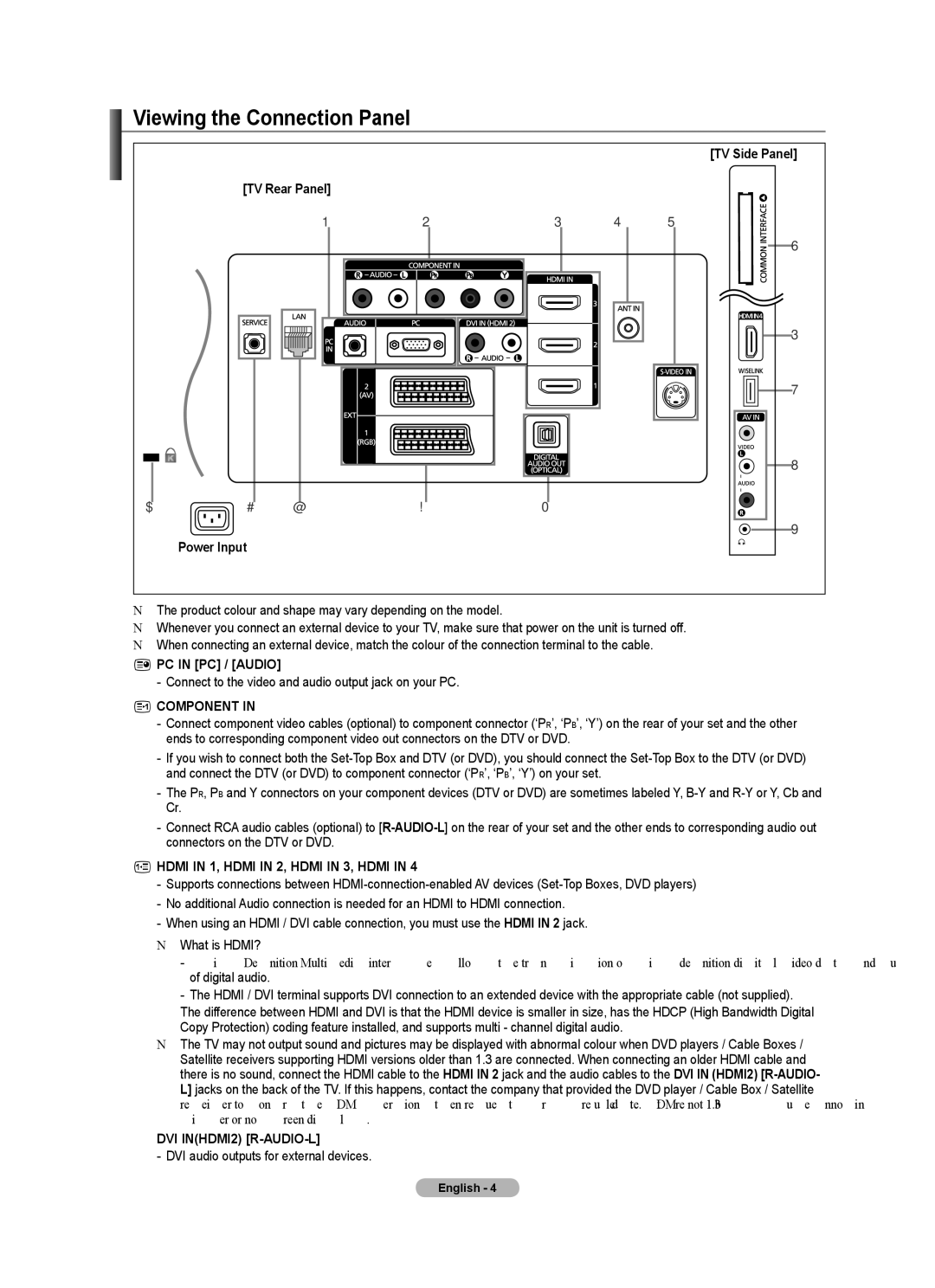 Samsung BN68-01701M-00 user manual Viewing the Connection Panel, TV Side Panel, TV Rear Panel Power Input, PC in PC / Audio 