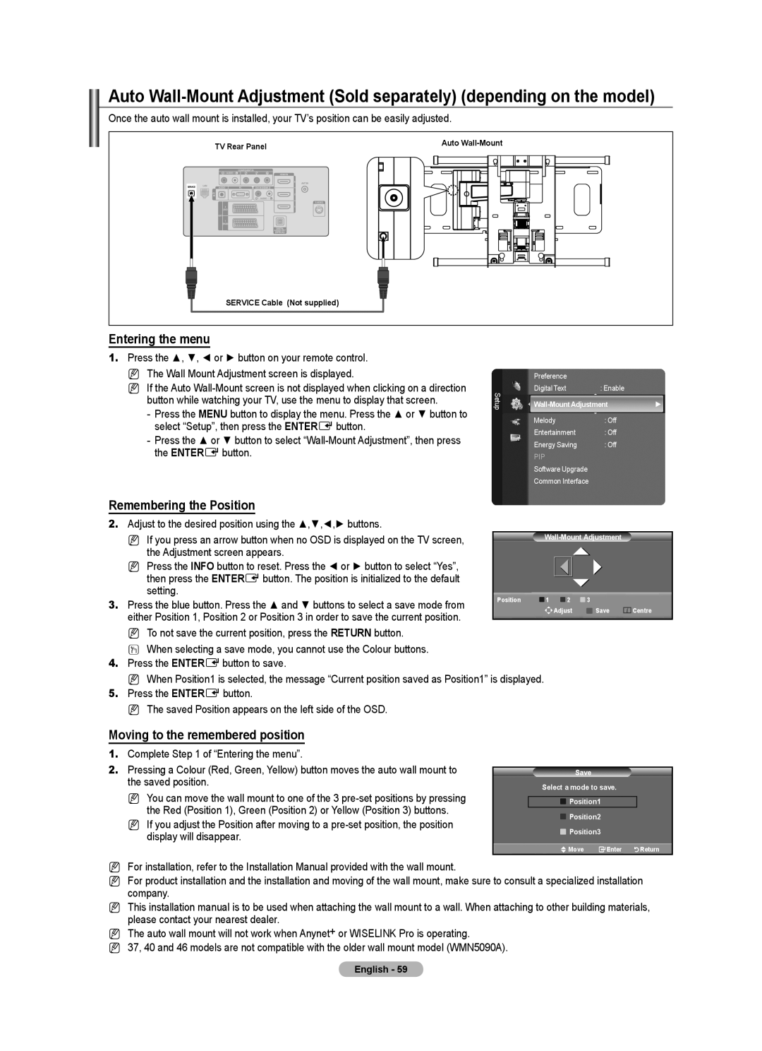 Samsung BN68-01701M-00 user manual Entering the menu, Remembering the Position, Moving to the remembered position 