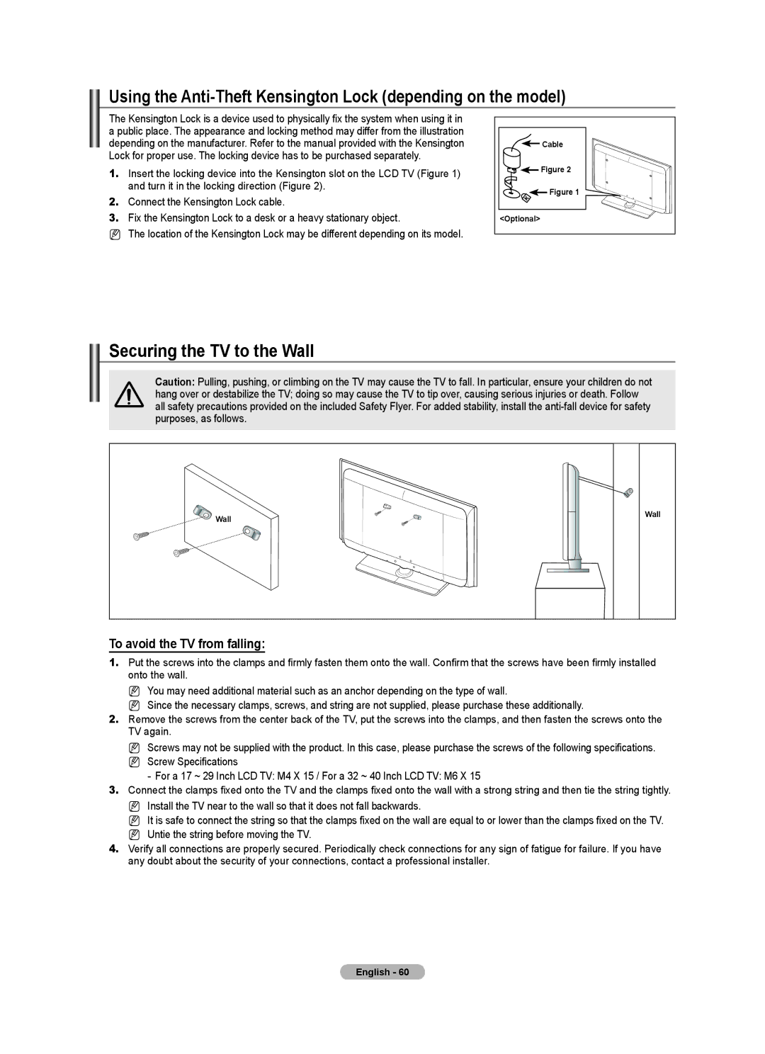 Samsung BN68-01701M-00 user manual Using the Anti-Theft Kensington Lock depending on the model, Securing the TV to the Wall 