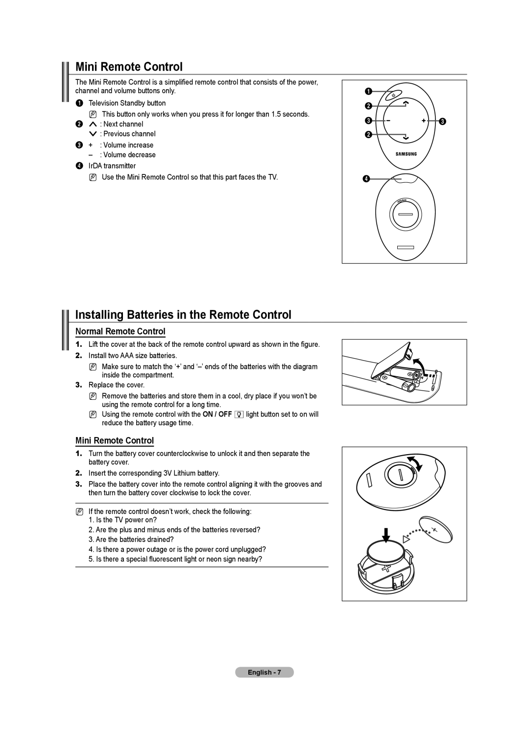 Samsung BN68-01701M-00 user manual Mini Remote Control, Installing Batteries in the Remote Control, Normal Remote Control 