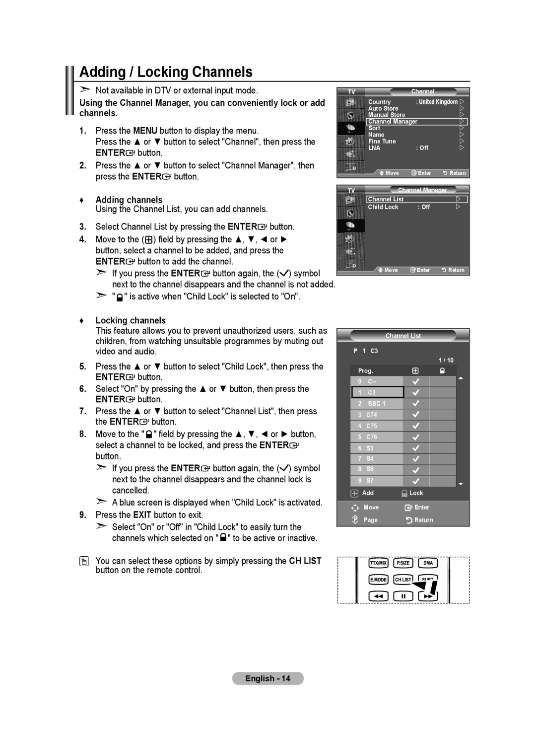 Samsung BN68-01702A-00 user manual Adding / Locking Channels, Adding channels, Is active when Child Lock is selected to On 