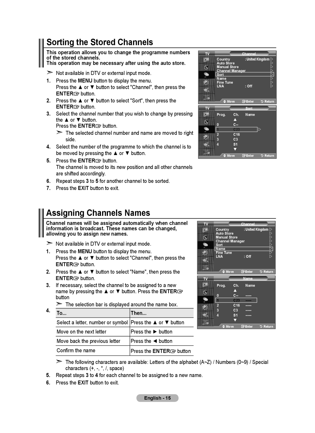 Samsung BN68-01702A-00 user manual Sorting the Stored Channels, Assigning Channels Names, Then, Press the or button 