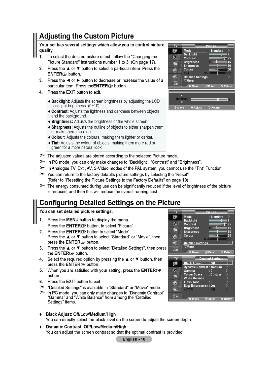 Samsung BN68-01702A-00 user manual Adjusting the Custom Picture, Configuring Detailed Settings on the Picture 