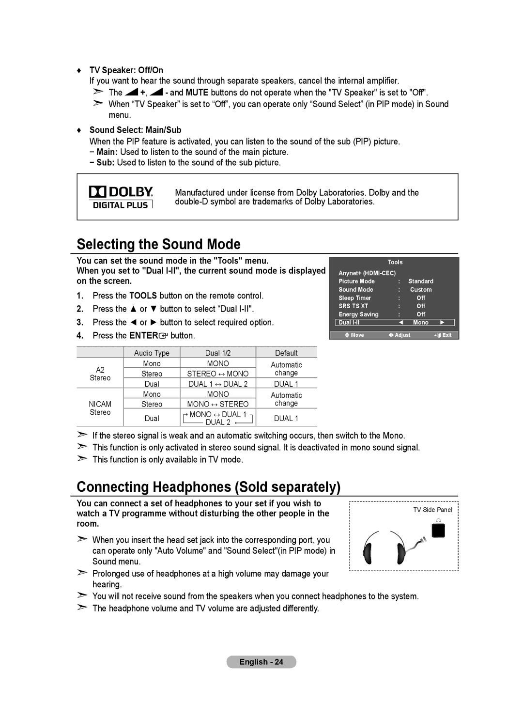 Samsung BN68-01702A-00 user manual Selecting the Sound Mode, Connecting Headphones Sold separately 