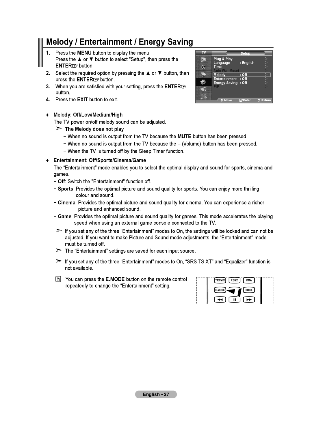 Samsung BN68-01702A-00 user manual Melody / Entertainment / Energy Saving, Melody Off/Low/Medium/High, Melody does not play 