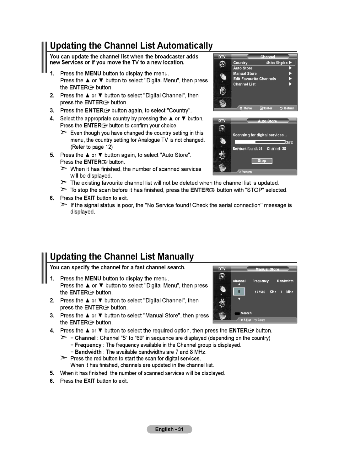 Samsung BN68-01702A-00 user manual Updating the Channel List Manually, New Services or if you move the TV to a new location 