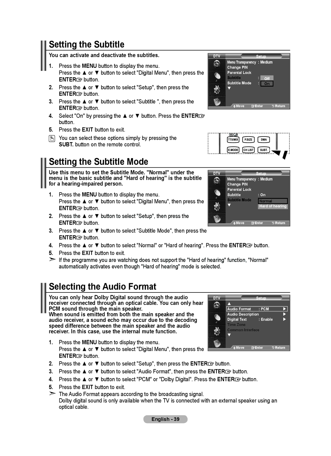 Samsung BN68-01702A-00 user manual Setting the Subtitle Mode, Selecting the Audio Format 