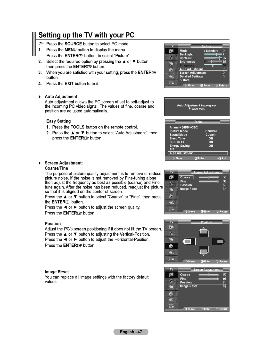 Samsung BN68-01702A-00 Setting up the TV with your PC, Press the Source button to select PC mode, Auto Adjustment 