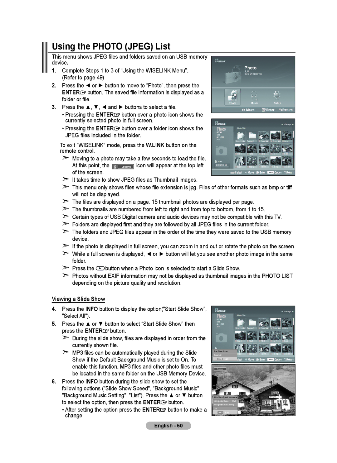 Samsung BN68-01702A-00 user manual Using the Photo Jpeg List, Viewing a Slide Show 