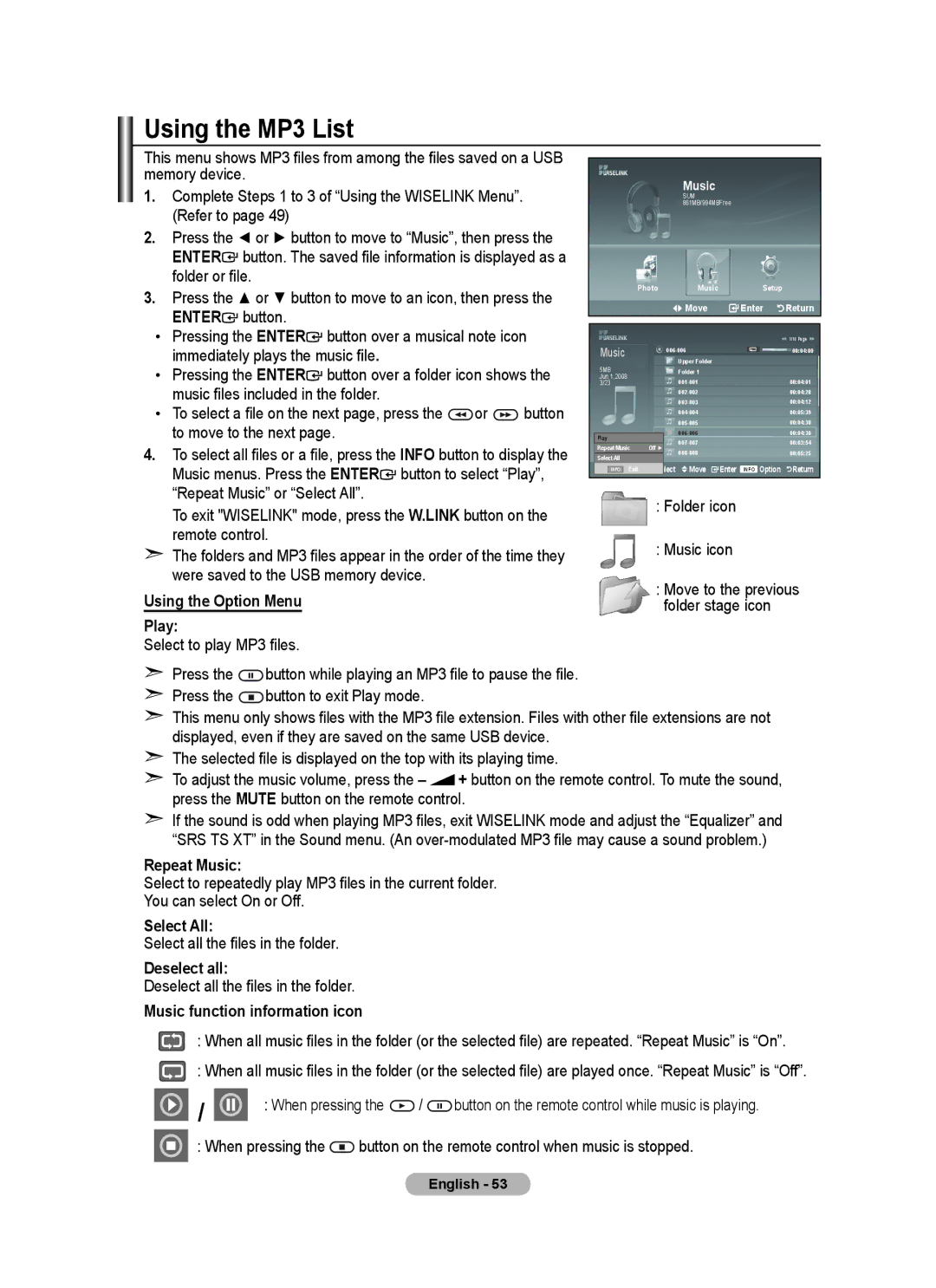 Samsung BN68-01702A-00 Using the MP3 List, Using the Option Menu Play, Repeat Music, Music function information icon 