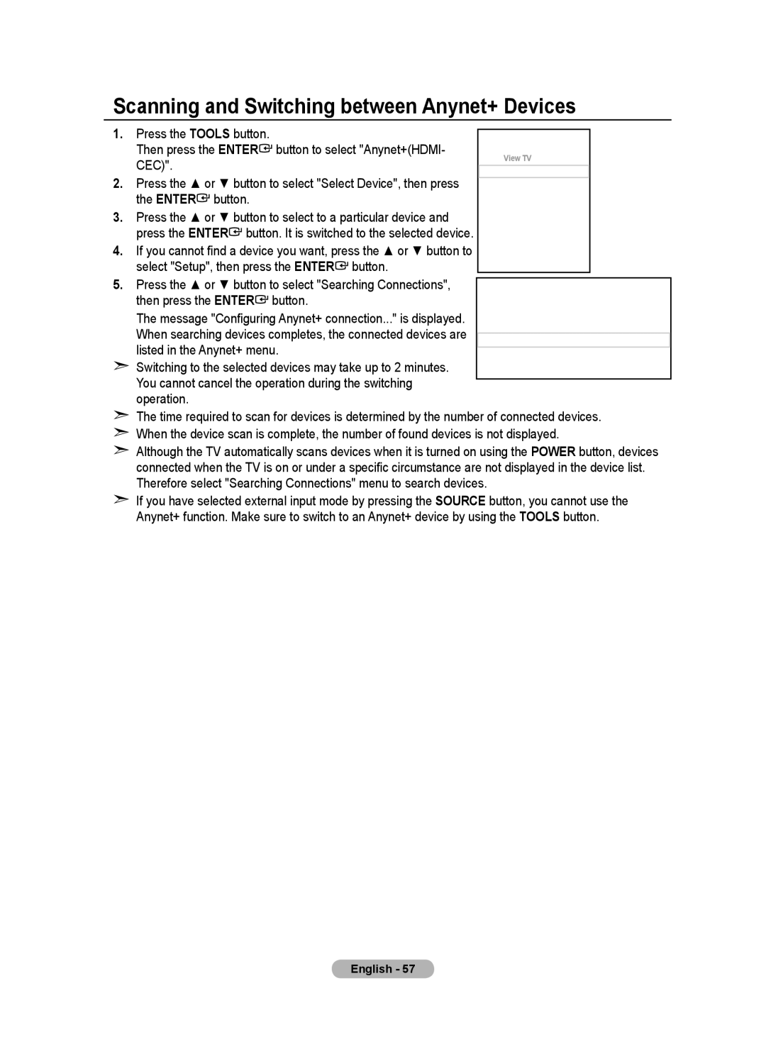 Samsung BN68-01702A-00 Scanning and Switching between Anynet+ Devices, Select Setup, then press the Enter button 