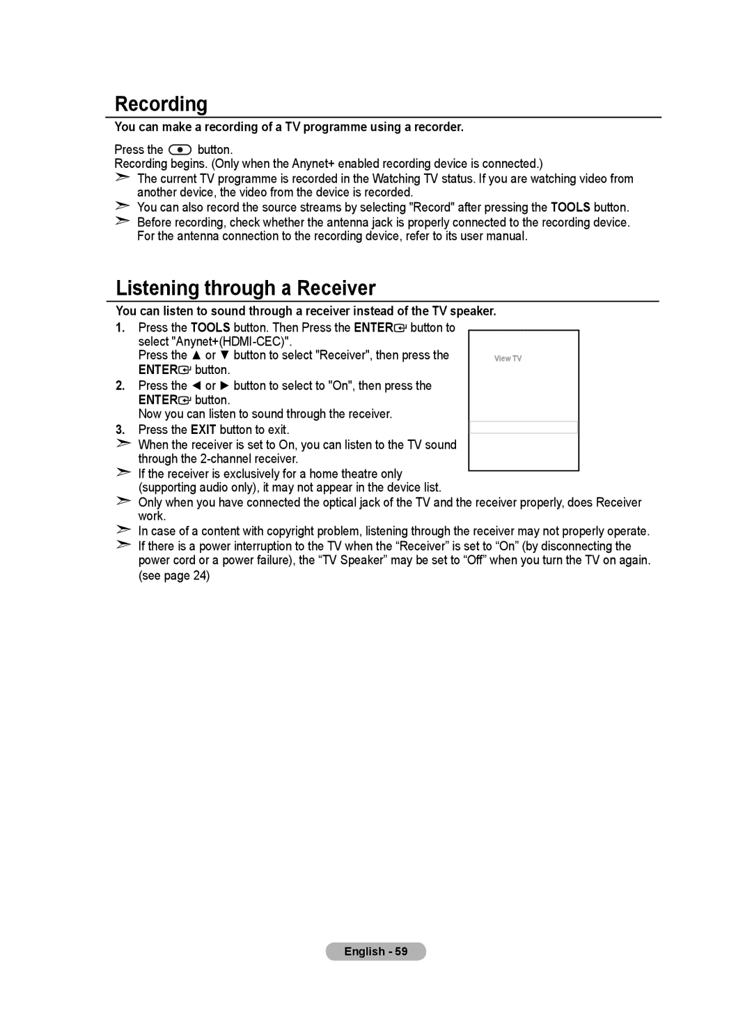 Samsung BN68-01702A-00 Recording, Listening through a Receiver, Press the Tools button. Then Press the Enter button to 