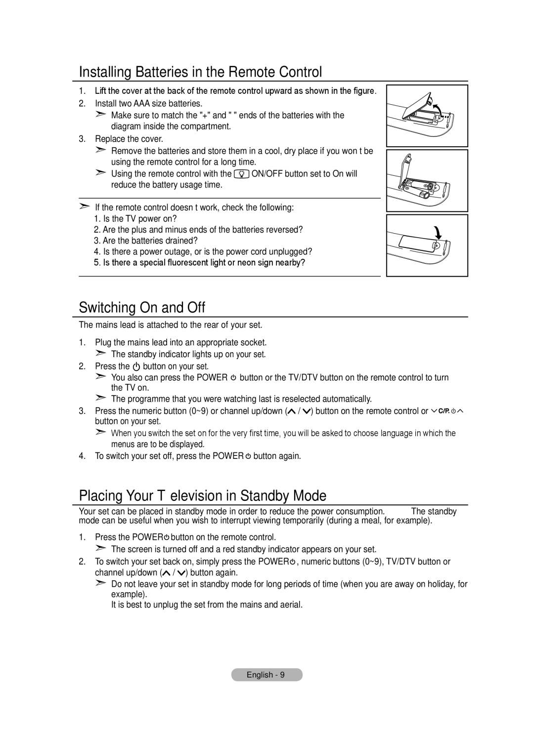 Samsung BN68-01736A-00 user manual Installing Batteries in the Remote Control, Switching On and Off 