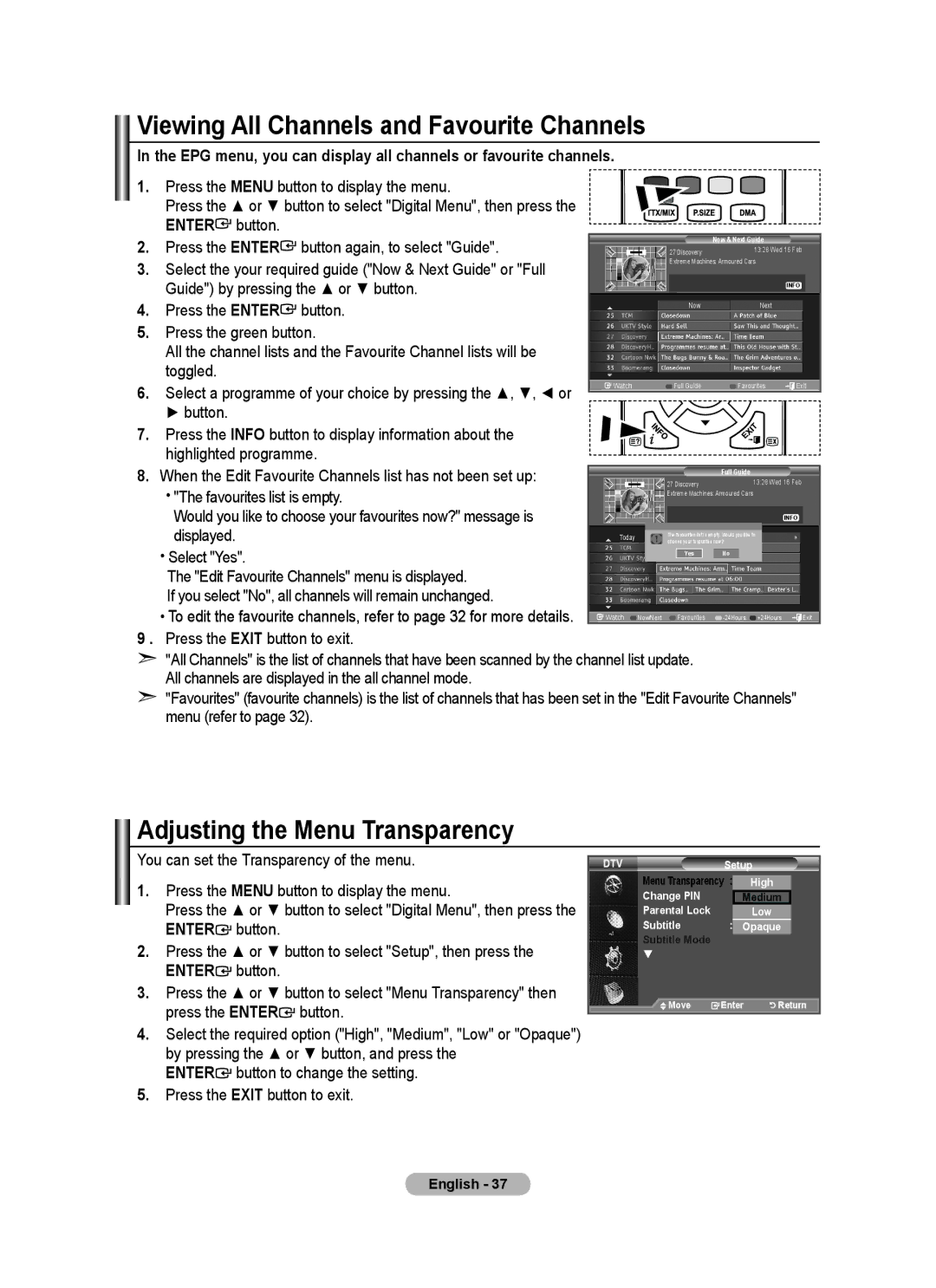 Samsung BN68-01736A-00 user manual Viewing All Channels and Favourite Channels, Adjusting the Menu Transparency 