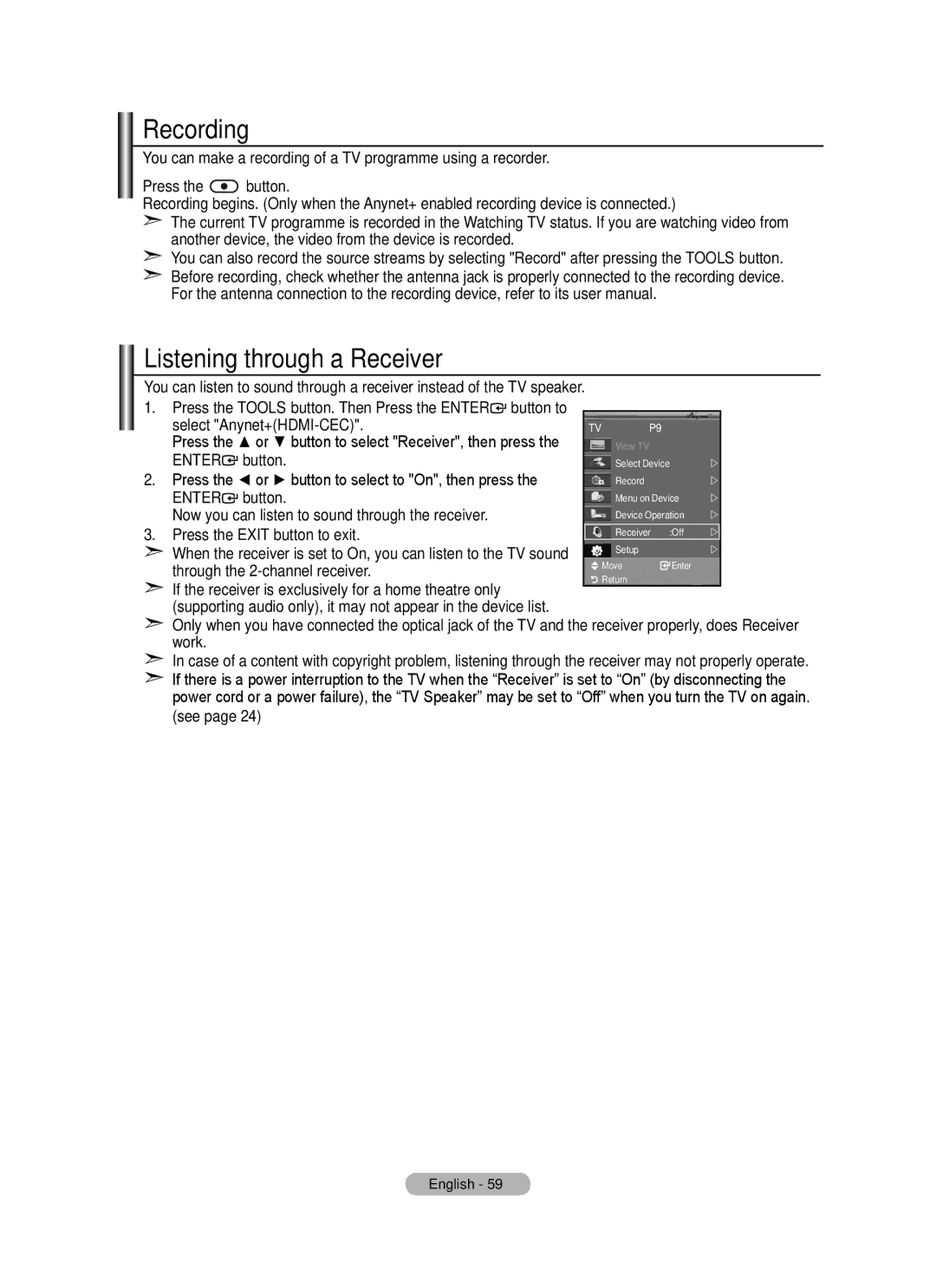 Samsung BN68-01736A-00 Recording, Listening through a Receiver, Press the Tools button. Then Press the Enter button to 