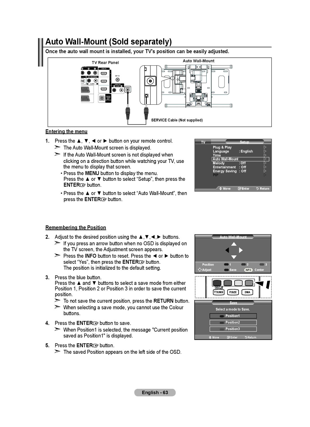 Samsung BN68-01736A-00 user manual Auto Wall-Mount Sold separately, Entering the menu, Remembering the Position 